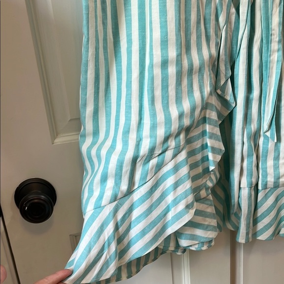 NWT Draper James Teal and White Puff Sleeve True Wrap Linen Mini Dress - Size XL - Picture 8 of 16